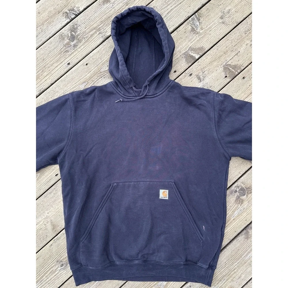 Carhartt Hoodie L Faded Black Distressed Heavyweight Workwear Hooded